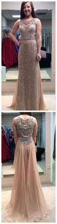 Scoop Neckline Rhinestone Beaded Long Sheath Chiffon Prom Dresses ,BG0016