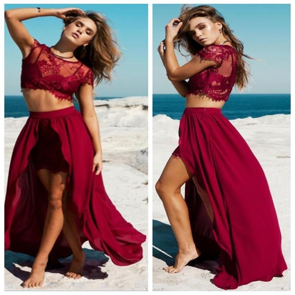 Two Pieces Burgundy Lace Top Sexy See Through Slit Prom Dress, BG0018