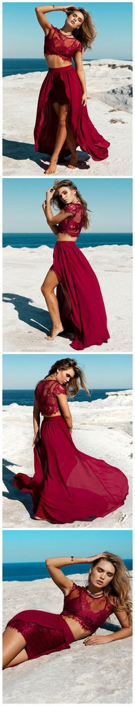 Two Pieces Burgundy Lace Top Sexy See Through Slit Prom Dress, BG0018