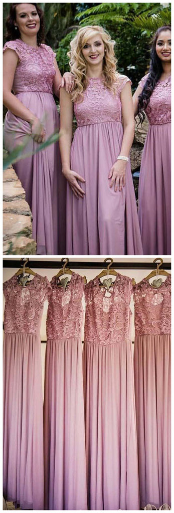 Cap Sleeve Illusion Lace Pink Long Cheap Bridesmaid Dresses Online, WGY0239