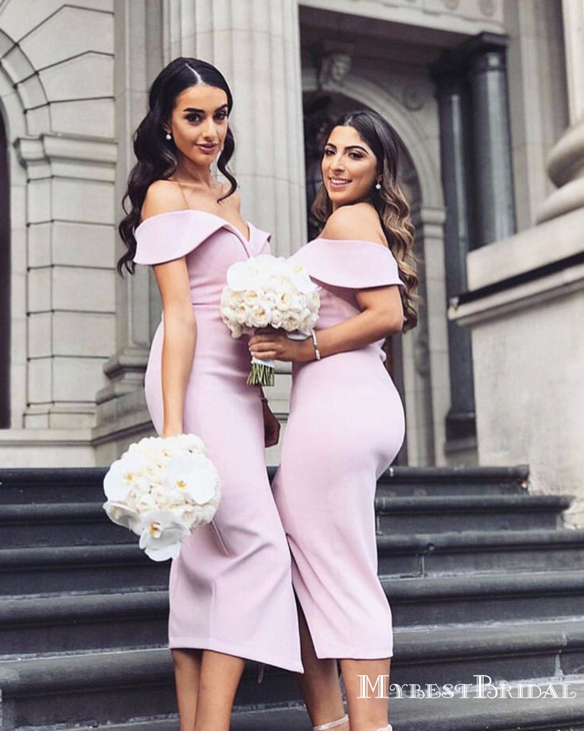 Lovely Off-Shoulder Short Cheap Bridesmaid Dresses with Sexy Slit, TYP0004