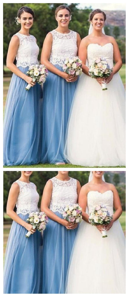 Illusion Lace Blue Tulle Skirt Long Cheap Bridesmaid Dresses Online, WGY0233