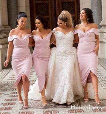 Lovely Off-Shoulder Short Cheap Bridesmaid Dresses with Sexy Slit, TYP0004