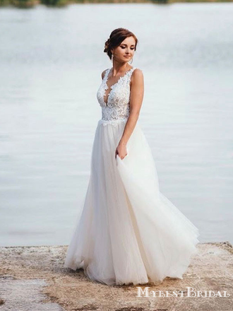 V-neck Ivory Tulle A-line Long Cheap Beach Wedding Dresses, WDS0036