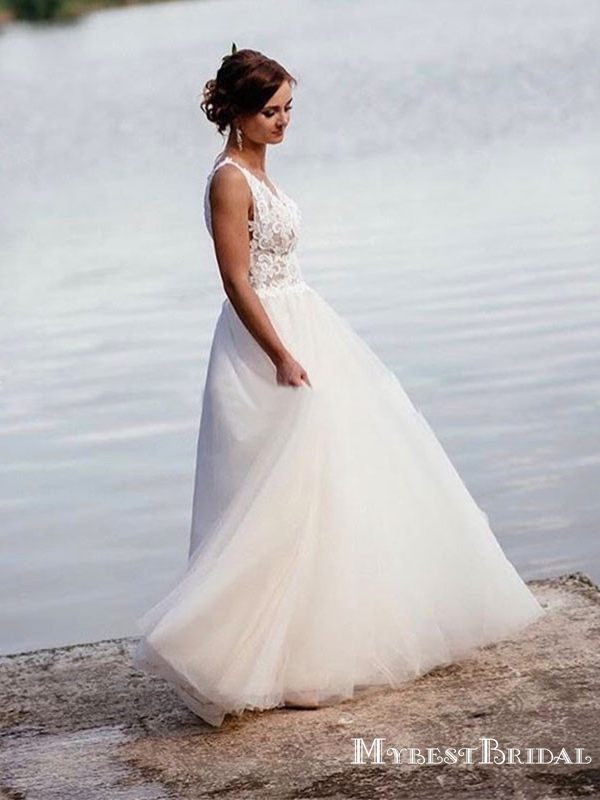 V-neck Ivory Tulle A-line Long Cheap Beach Wedding Dresses, WDS0036