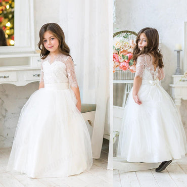 White Long Sleeves  A-line Tulle & Lace Flower Girl Dress,Cheap Flower Girl Dresses,FGY0183