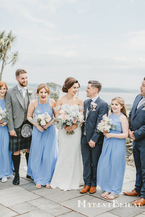 New Arrival ELegant Simple Halter Sleeveless A-line Blue Chiffon Long Cheap Bridesmaid Dresses, TYP0105