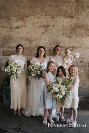 Long Sleeves Round Neck A-line Long Cheap Ivory Chiffon Top Lace Bridesmaid Dresses, TYP0106