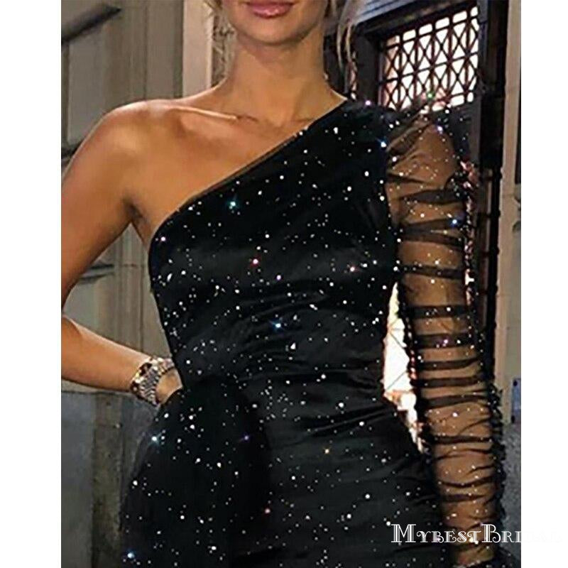 Black Shiny One Shoulder Long Sleeve Mini Bodycon Cocktail Cheap Homecoming Dresses, HDS0004