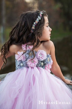 One Shoulder Charming Pink Tulle Hand-Made-Flowers A-line Long Cheap Flower Girl Dresses, FGS0025