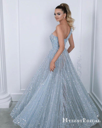 Newest Charming Sparkly One-Shoulder Sleeveless Beaded Side Slit Long Cheap Prom Dresses, PDS0019