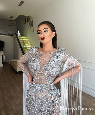 Gorgeous Newest Bateau Long Sleeves Heavy Beaded Long Cheap Mermaid Prom Dresses, PDS0020