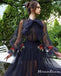 Newest Elegant High Neck Long Sleeves Navy Blue Tulle A-line Long Cheap Evening Party Prom Dresses, PDS0016