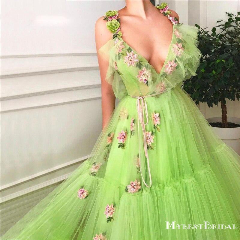 Newest Charming Elegant Deep V-neck Mint Tulle With Flower Appliqued Long Cheap Prom Dresses, PDS0013
