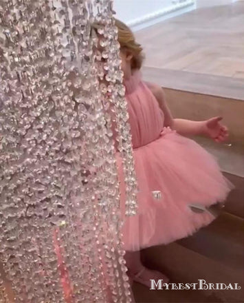 New Arrival High Neck Pink Tulle High Low Long Cheap Flower Girl Dresses, FGS0006