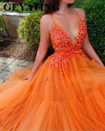 New Arrival Spaghetti Strap Sleeveless Beaded Orange Tulle A-line Long Cheap Formal Prom Dresses, PDS0006