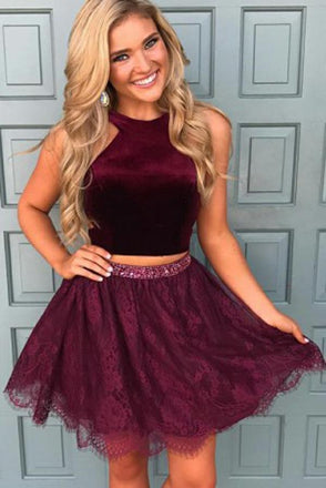 Halter Two Piece Red Lace Cheap Homecoming Dresses 2018, BDY0211