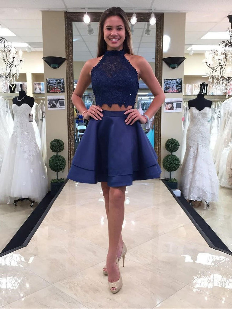 Two Pieces Blue Lace Halter Cheap Homecoming Dresses 2018, BDY0223