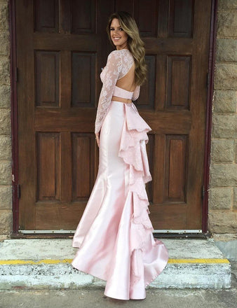 2 pieces Soft Pink Lace Beaded Mermaid Satin Prom Dresses, See Through Prom Dresses, BG0351