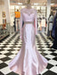 2 pieces Soft Pink Lace Beaded Mermaid Satin Prom Dresses, See Through Prom Dresses, BG0351