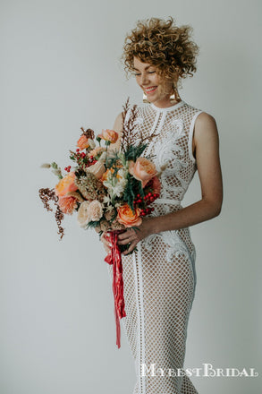 Unique Round Neck Lace Mermaid Long Cheap Wedding Dresses, WDS0015