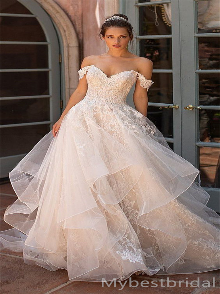 Simple Off-shoulder A-line Lace applique Wedding Dresses, WDY0247