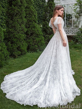 Simple V-neck A-line Sexy White Wedding Dresses,WDS0119