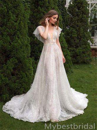 Simple V-neck A-line Sexy White Wedding Dresses,WDS0119