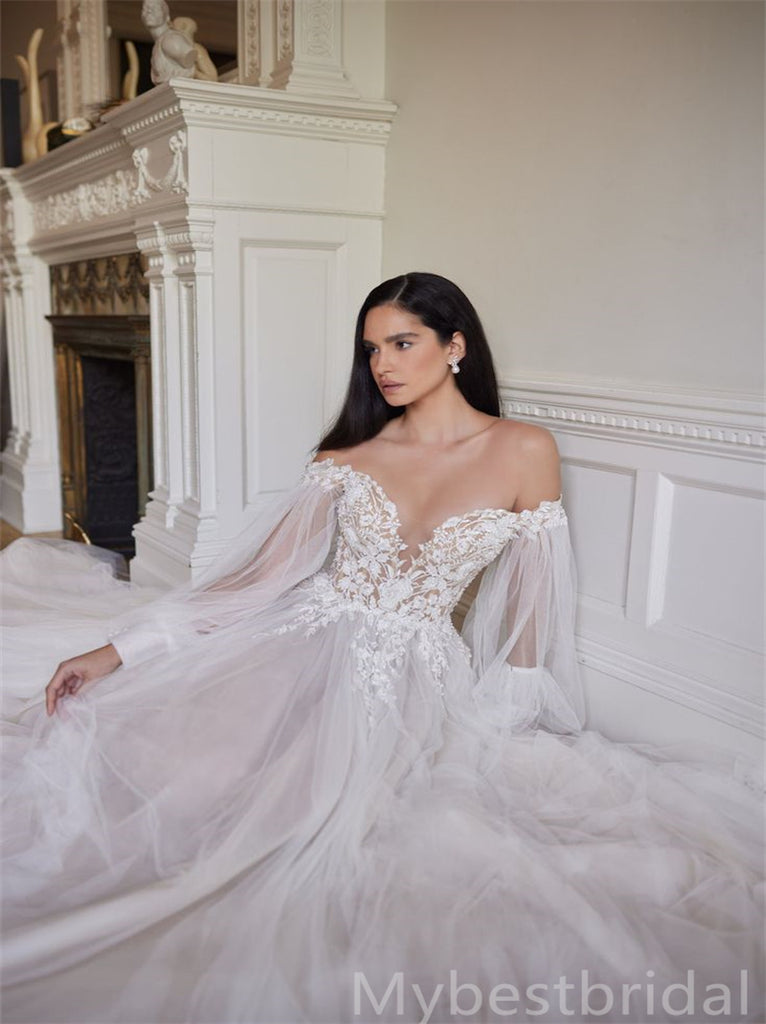 Simple V-neck Off-shoulder A-line Lace applique Wedding Dresses, WDY0257