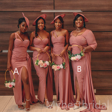 Mismatched One-shoulder Side slit Mermaid Elegant Simple Pretty Long Bridesmaid Dresses, BDS0250