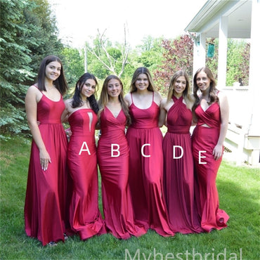 Mismatched V-neck Off-shoulder Spaghetti straps Elegant Simple Pretty Long Bridesmaid Dresses,BDS0216