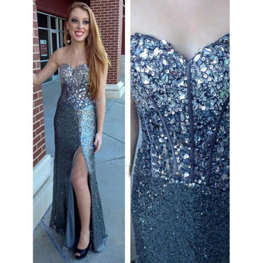 Sweetheart Blue Long Strapless Rhinestone Sequin Floor-length  Prom Dress/Evening Dress,PDY0271