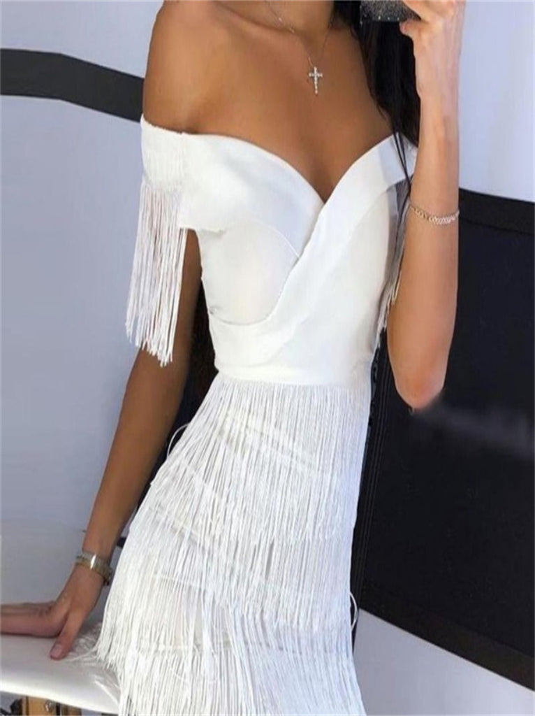 Sexy Off-shoulder Tassels V-neck Short Homecoming Dresses, HDS0075