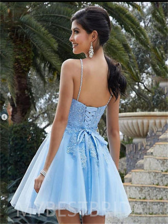 Simple Applique Spaghetti Strap Sequin Mini Short Homecoming Dresses, HDS0064