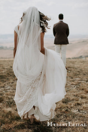 Romantic Deep V-neck Cap Sleeve Lace Front Slit Mermaid Long Cheap Wedding Dresses, WDS0023