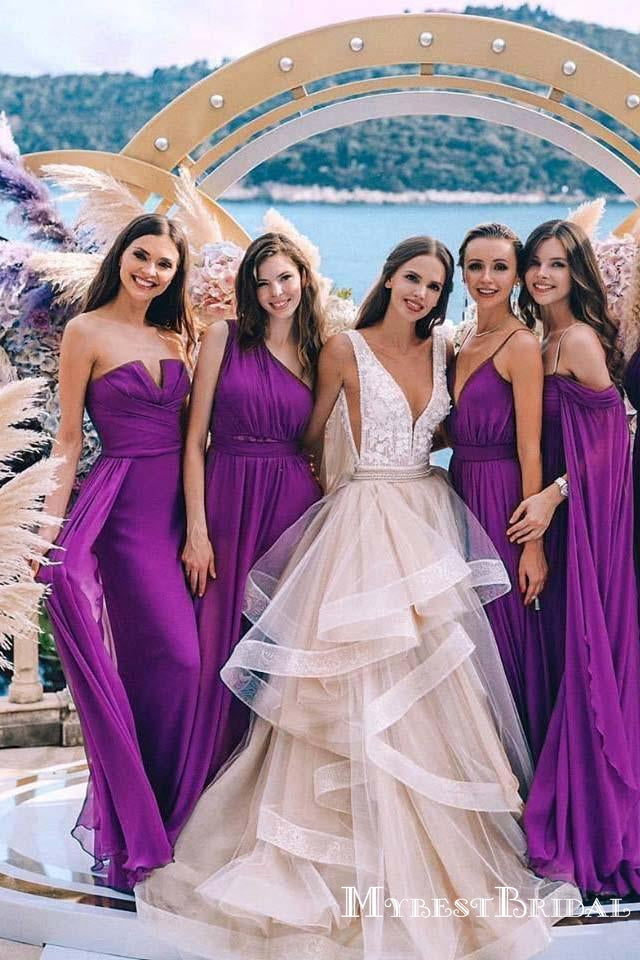 Mismatched Purple Chiffon A-line Long Cheap Bridesmaid Dresses, BDS0088