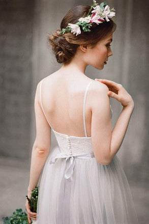 Simple Illusion Spahgetti Straps Tulle A-line Wedding Dresses Online, WDY0238