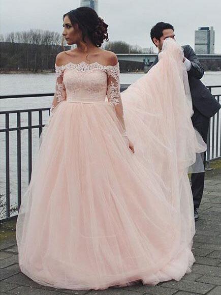 Off Shoulder Long Sleeve Pink A-line Wedding Dresses Online, WDY0213