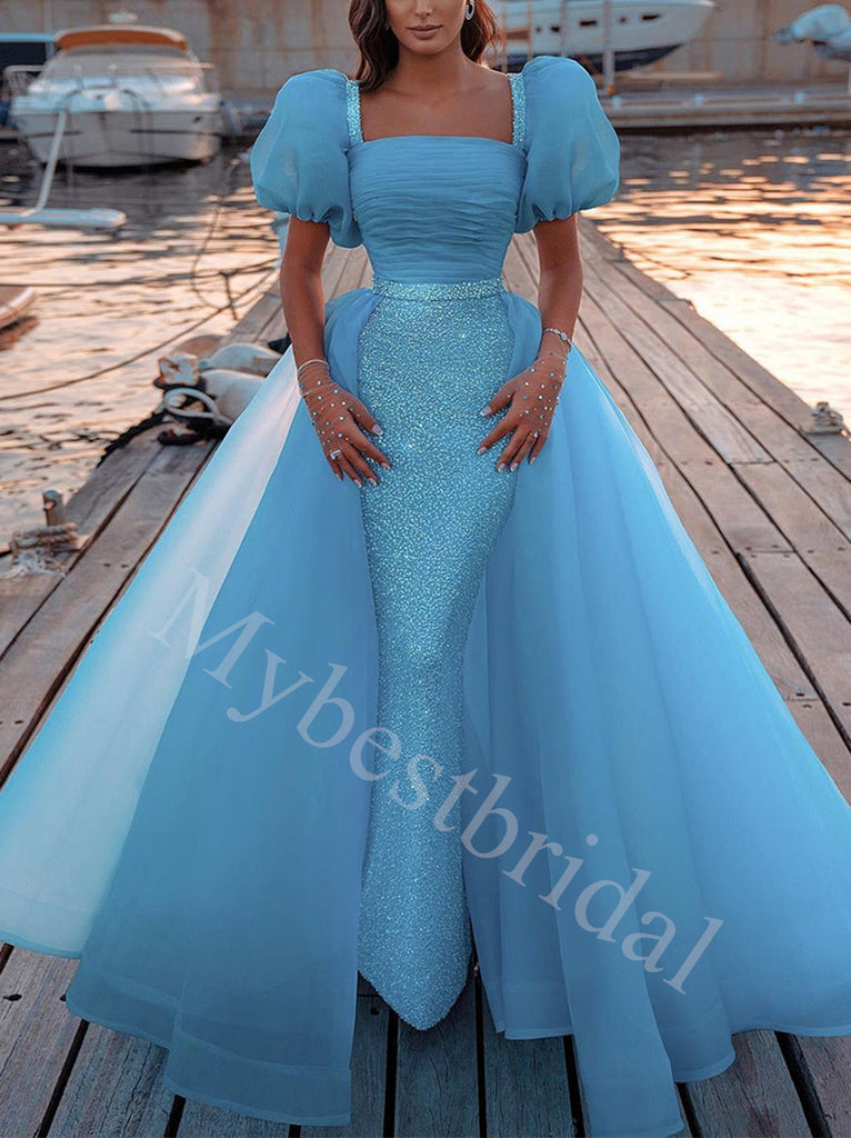 Blue Elegant Square Short sleeves Mermaid Prom Dresses,PDS0606