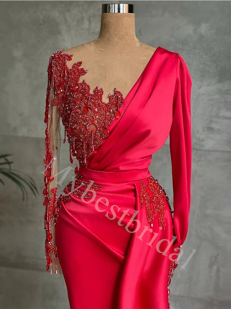 Red Sexy Deep V-neck Long sleeves Sheath Prom Dresses,PDS0598