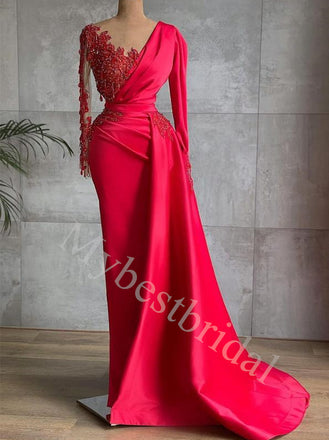 Red Sexy Deep V-neck Long sleeves Sheath Prom Dresses,PDS0598