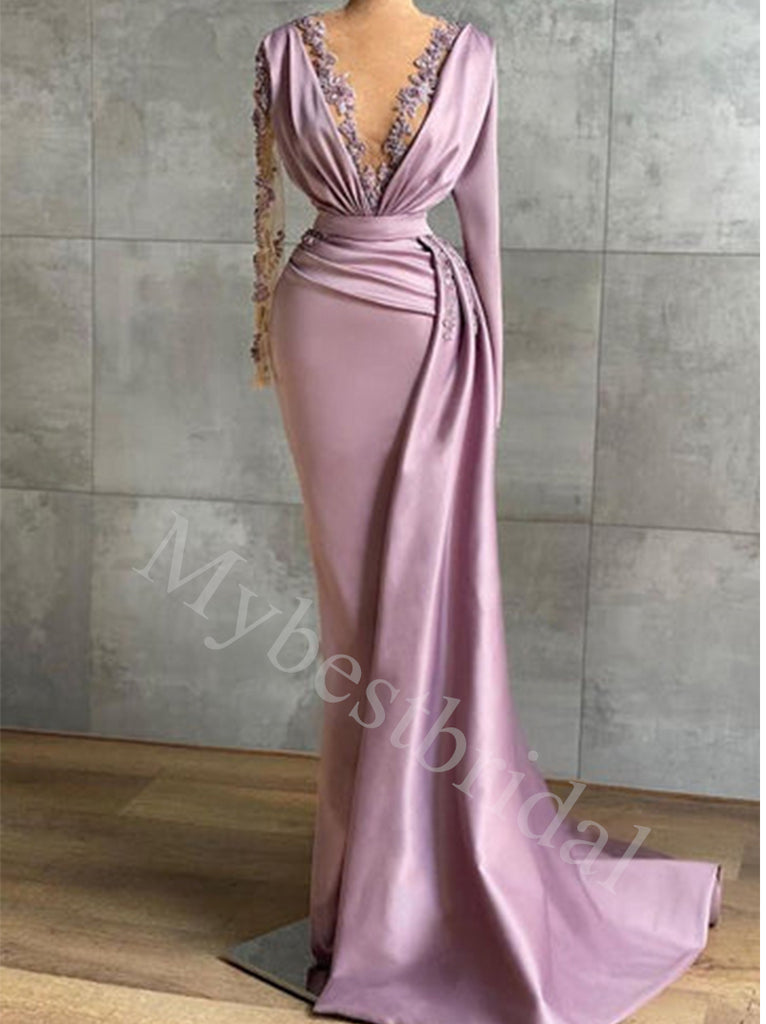 Sexy Deep V-neck Long sleeves Sheath Prom Dresses,PDS0597