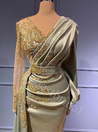 Elegant V-neck Long sleeves  Sheath Long Prom Dresses,PDS0627