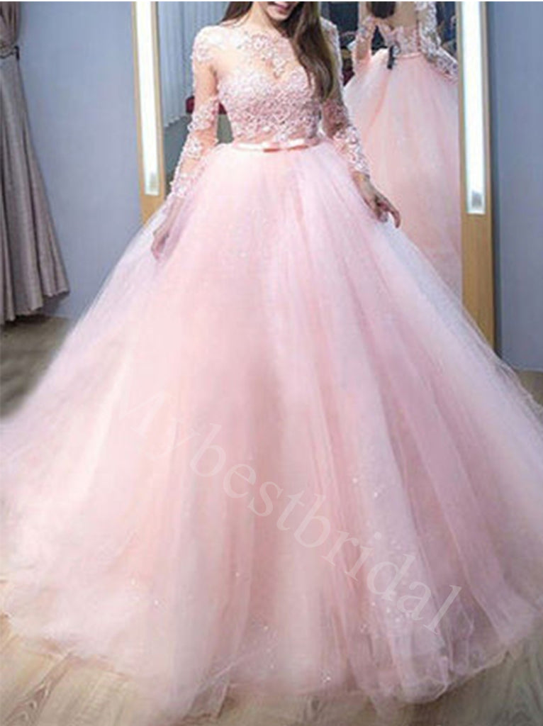Pink Elegant Long sleeves A-line Prom Dresses,PDS0607