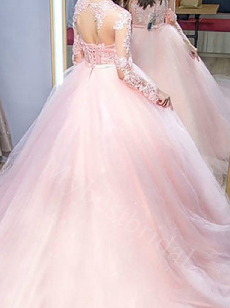 Pink Elegant Long sleeves A-line Prom Dresses,PDS0607