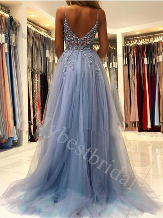 Sexy V-neck Spaghetti straps Side slit A-line Long Prom Dresses,PDS0647