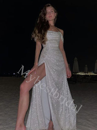 Sexy Off shoulder Sleeveless Side slit Mermaid Long Prom Dresses,PDS0629