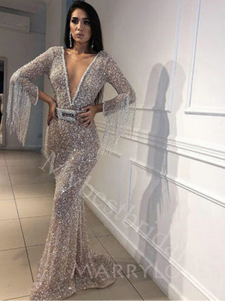 Sexy Deep V-neck Long sleeves  Mermaid Prom Dresses,PDS0610