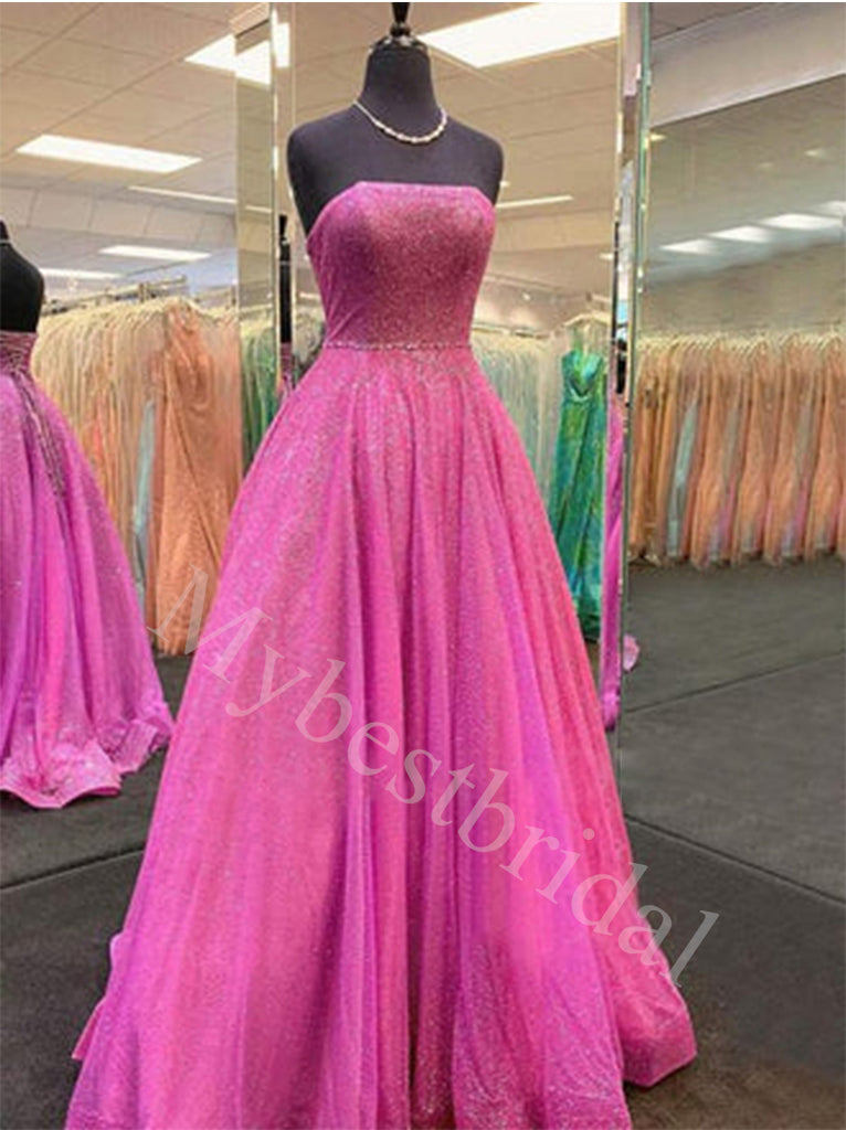 Elegant Strapless Sleeveless A-line Long Prom Dresses,PDS0652