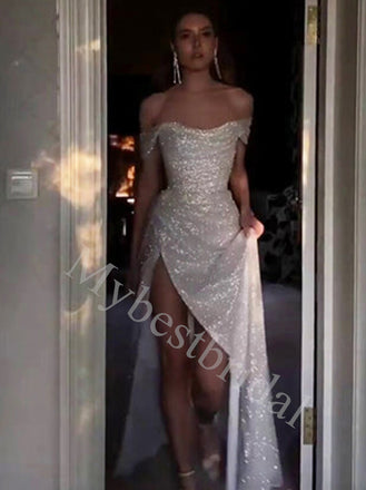 Sexy Off shoulder Sleeveless Side slit Mermaid Long Prom Dresses,PDS0629